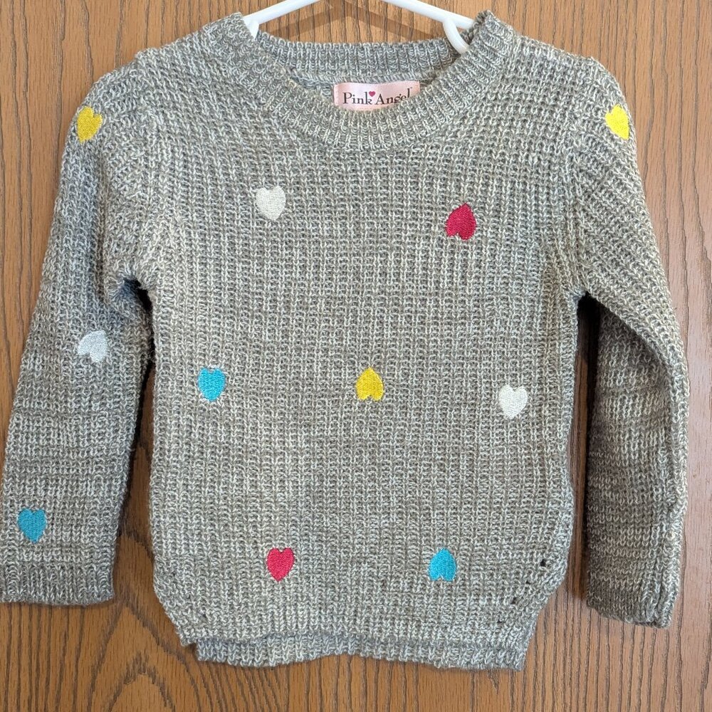 Pink Angel Knit Colorful Stitched Hearts‎ Sweater Gray-Girls 2T